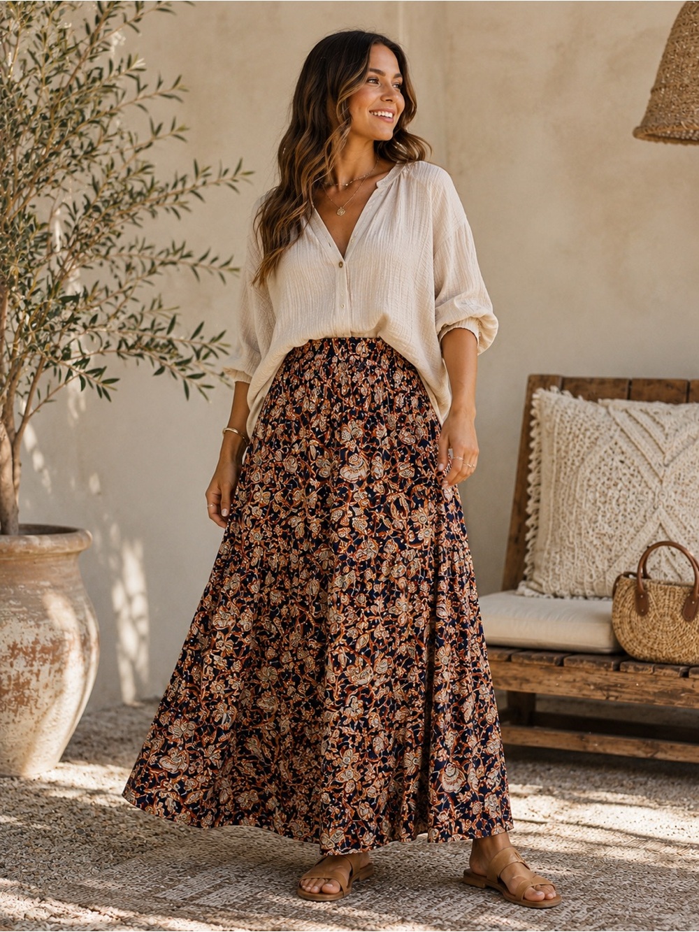 Wonderly Floral Boho Maxi Skirt | Cotton Tiered Cottagecore Prairie Style | XL
